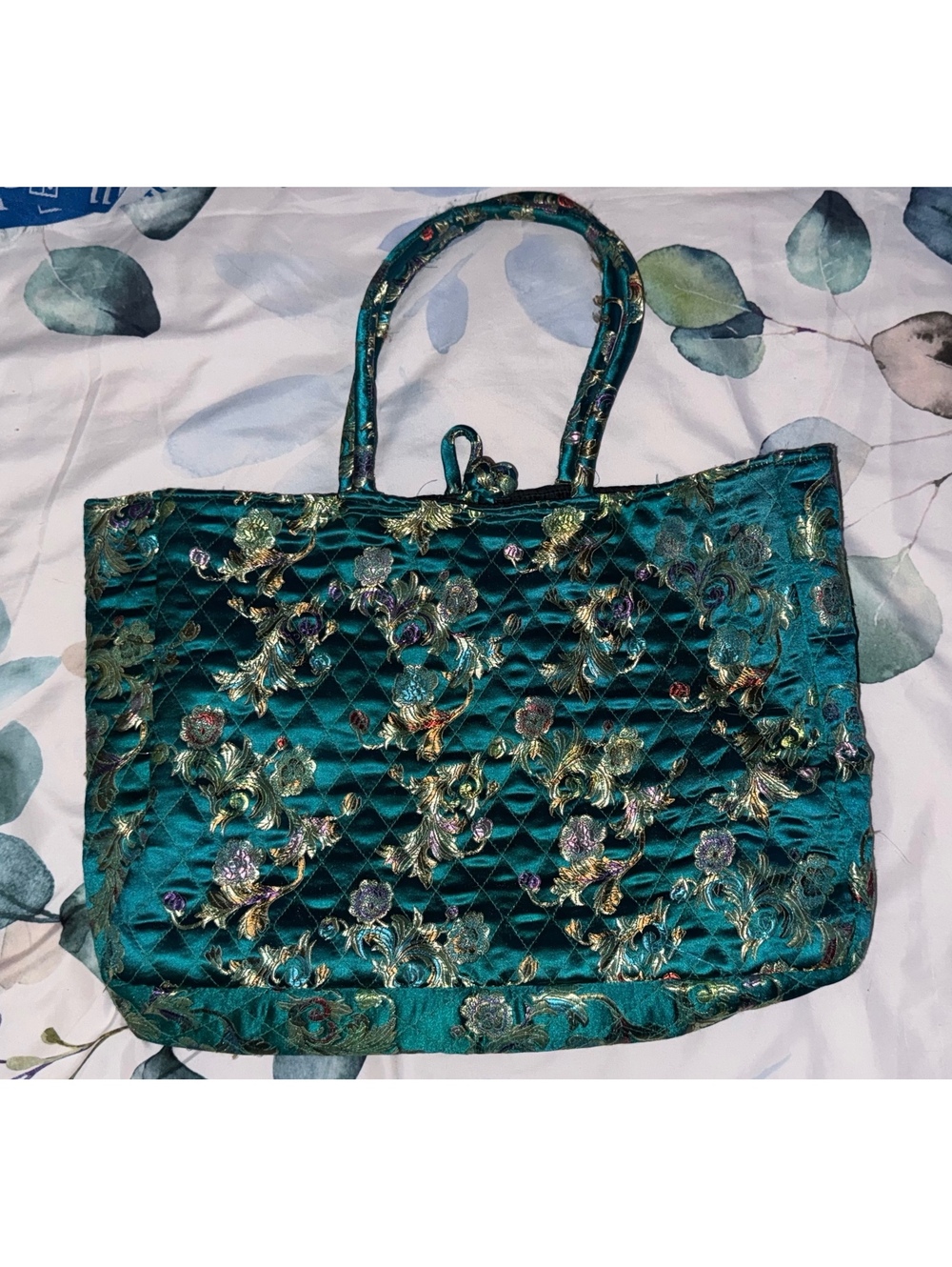 Elegant Quilted Satin Floral Embroidered Brocade Tote Bag - Asian Inspired